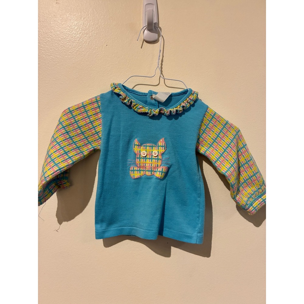 Vintage Baby Girls Blue Plaid Cat Ruffle Long Sleeve Top 12M